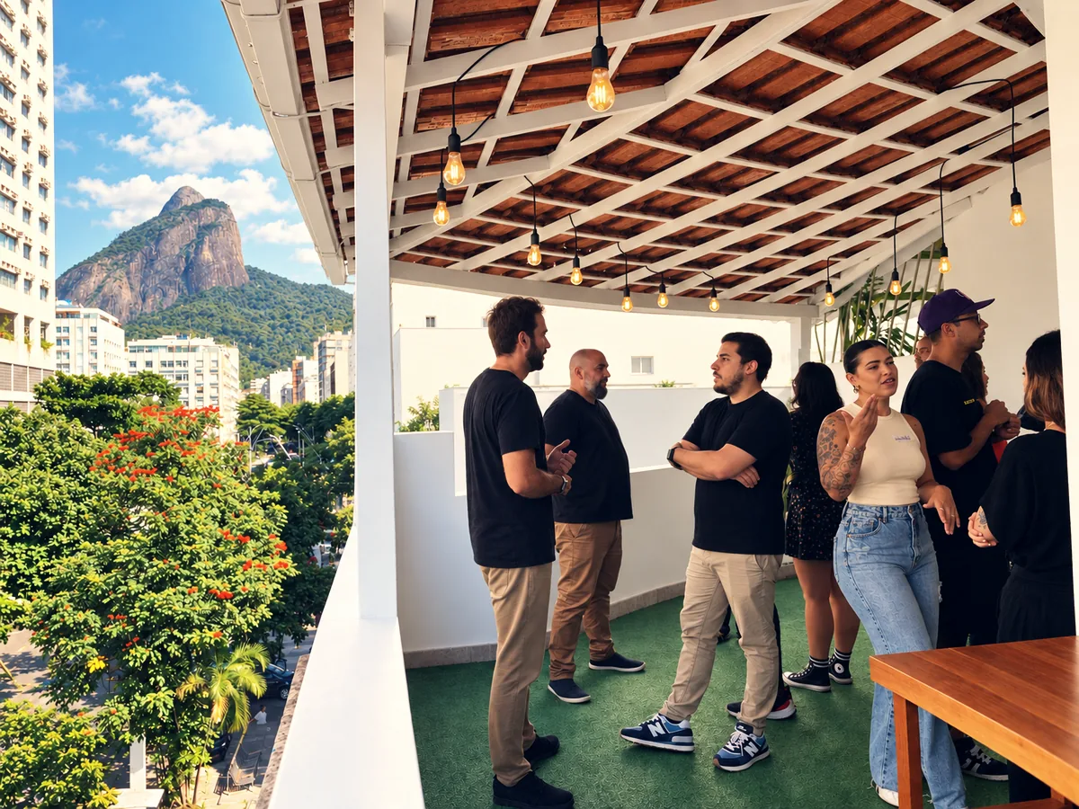 Equipo reunido en la terraza de la oficina, con una vista de Río de Janeiro al fondo