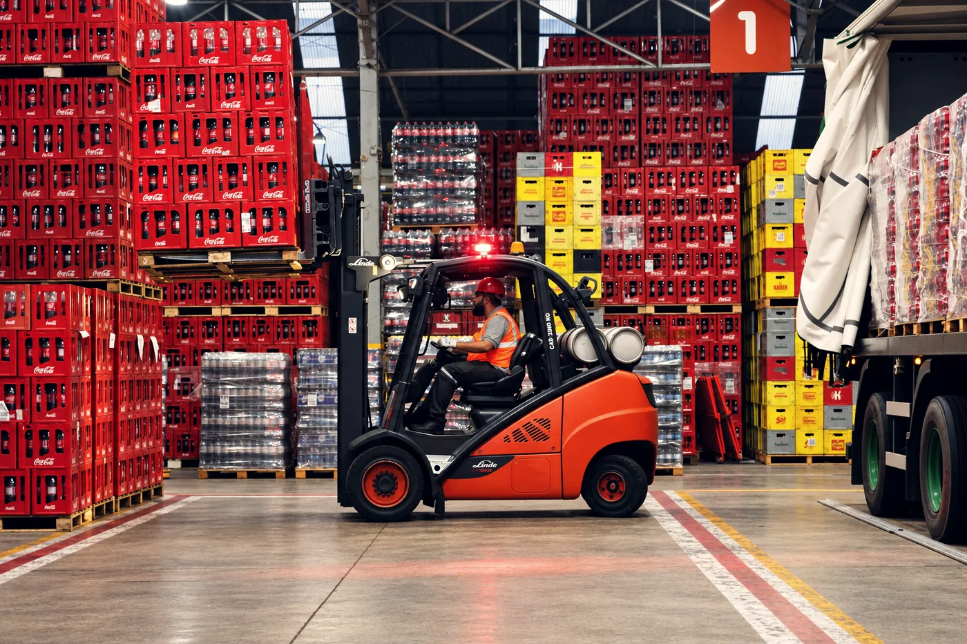 Montacargas moviendo pallets en un centro de distribución