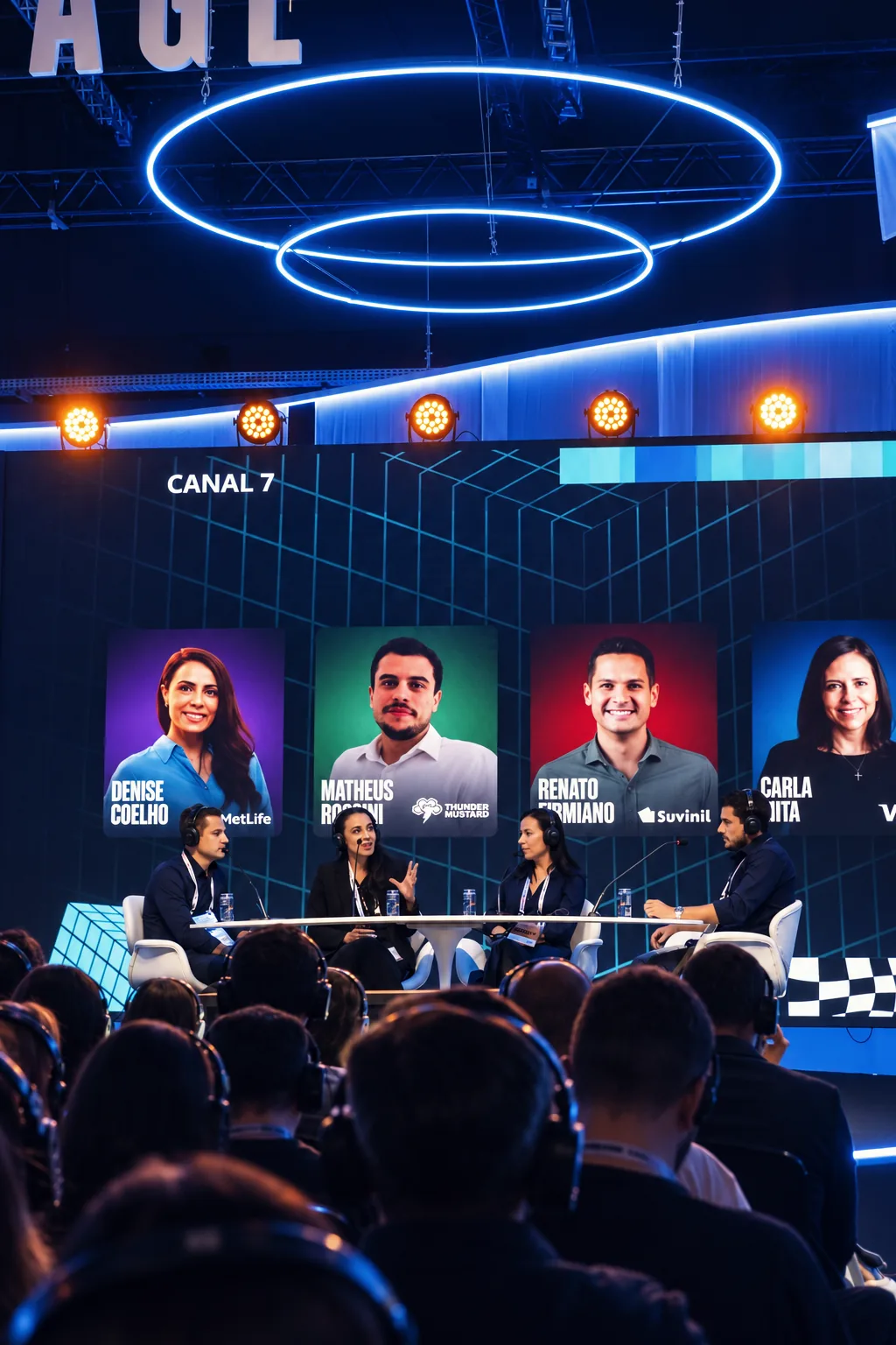 Público numeroso frente a una mesa de debate iluminada