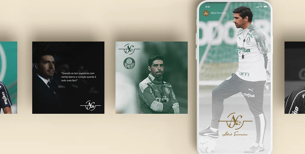 Identidade de Abel Ferreira aplicada em peças de comunicação e interfaces digitais