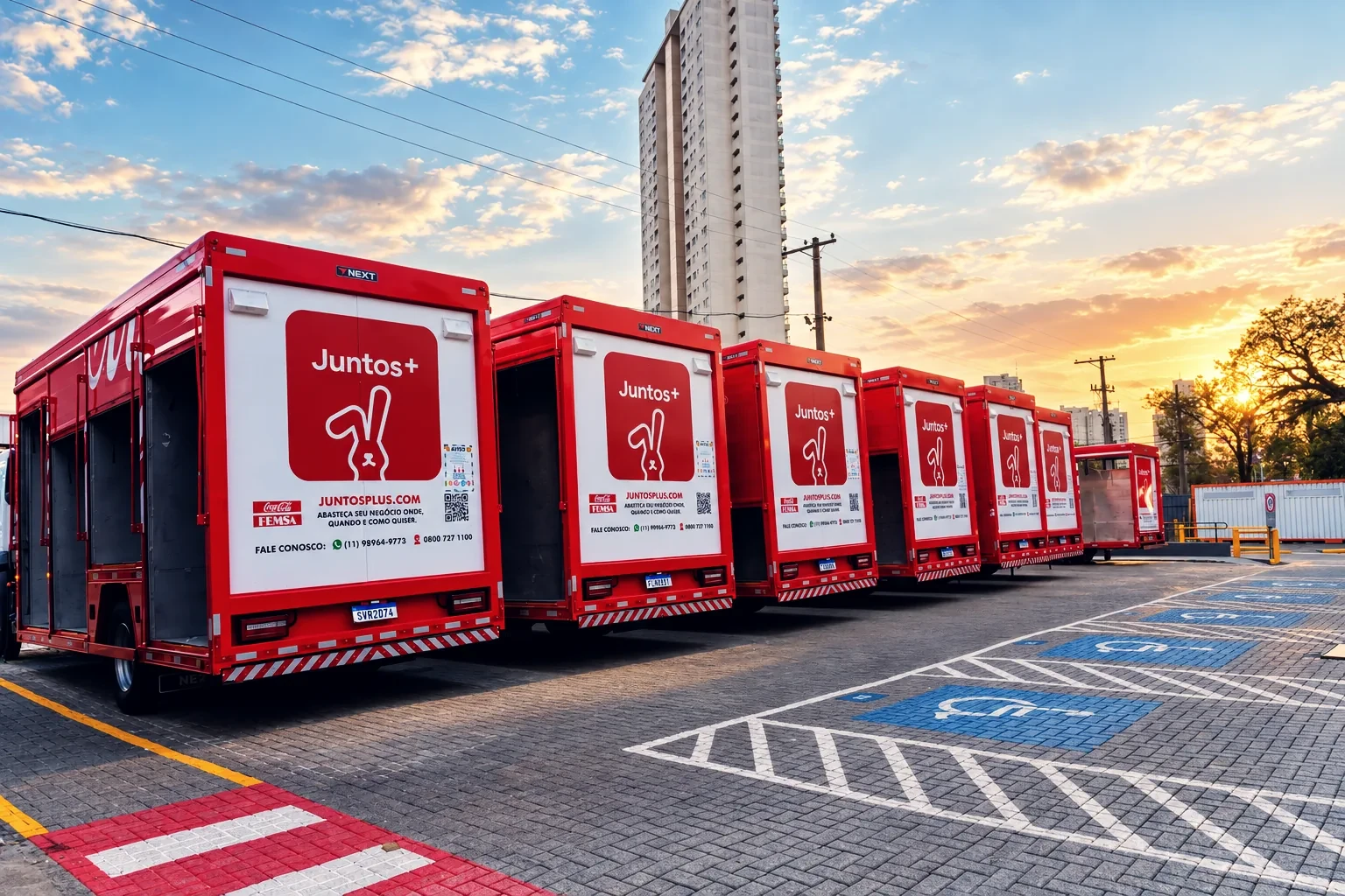 A fleet of Coca-Cola FEMSA trucks with Juntos+ branding at a distribution center.